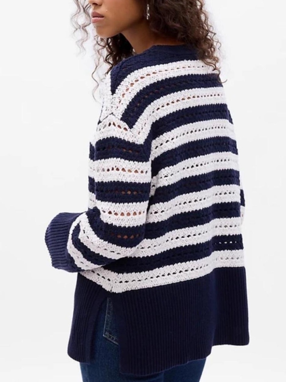 GAP 24/7 Split-Hem Crochet Sweater | White & Navy Blue Stripes | Large